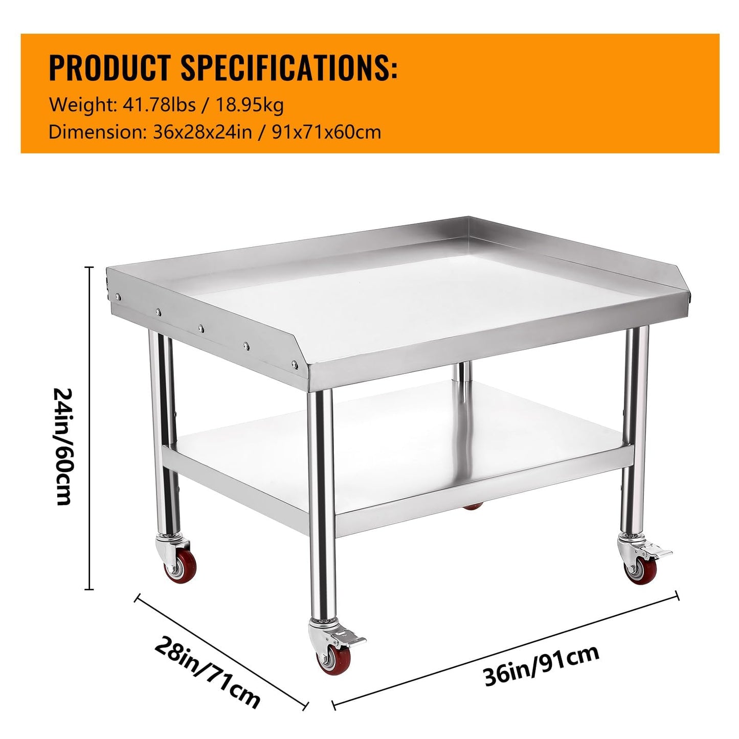 ExploreHorizon Stainless Steel 36x28x24 Inch Equipment Grill Stand Table with wheels, 660 Lbs Top & Bottom Shelf, Adjustable Legs, 2" Edge Baffle, for Hotel, Home, Commercial Restaurant Kitchen