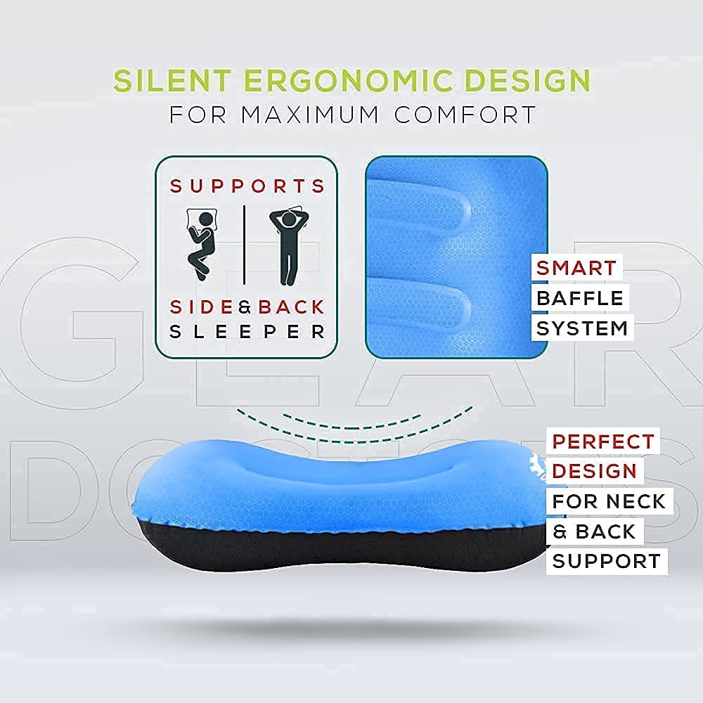 Gear Doctors Ultralight 17oz Apollo-Air Sleeping pad + Blue Anti Slip Camping Pillow Duo, 5.2 R-Value 4 Season Air Mattress with Ergonomic Ultralight Pillow The Size of A Soda Can