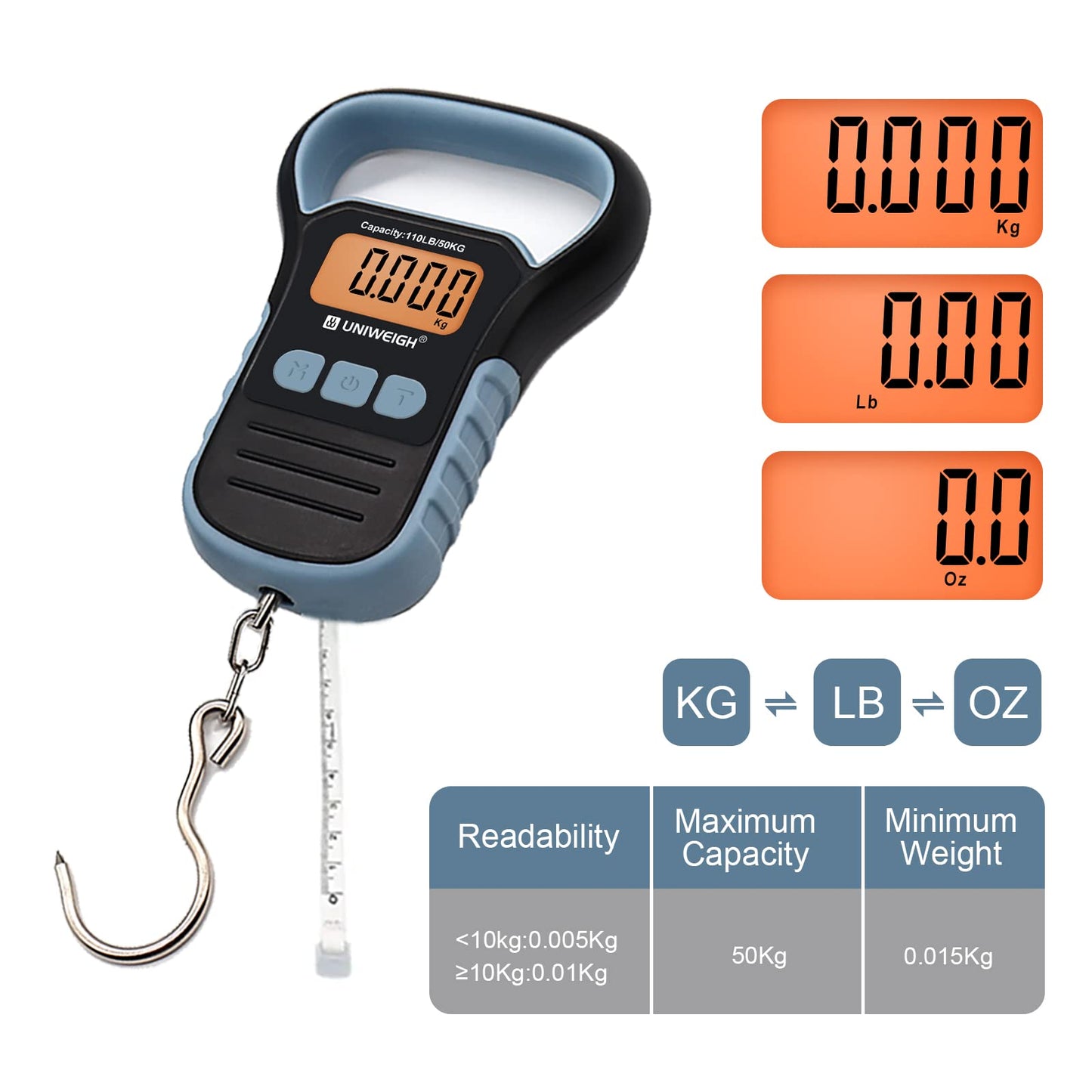 UNIWEIGH Waterproof Fishing Scale with Lip Gripper,110lb/50kg Postal Hanging Luggage Scale with Hook, Digital Handing Scale with 60inch Tape Measure,Luggage Hook, Backlit LCD Display