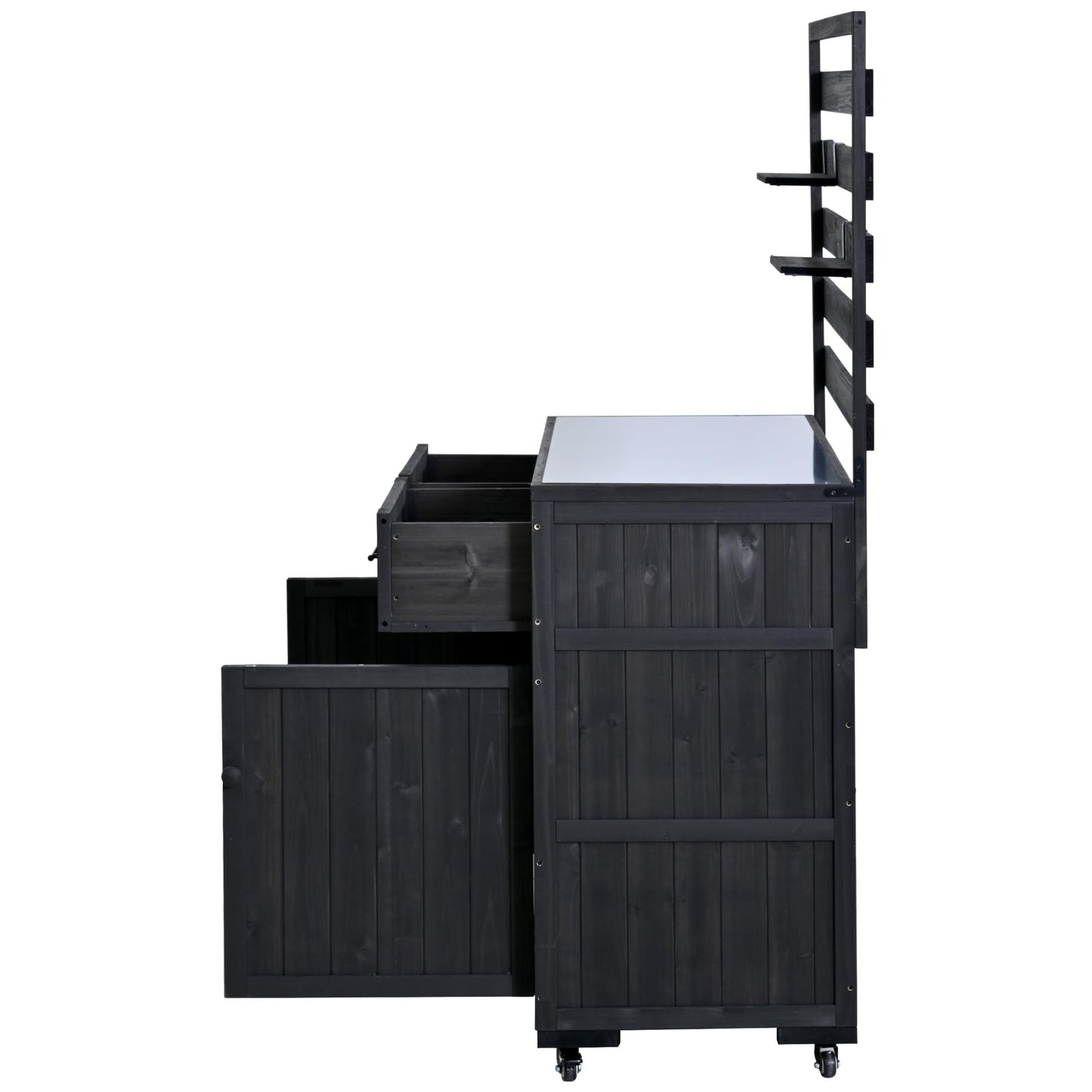 GDFStudio Junlyn Patio Kitchen Island Cart with Storage, Wooden Outdoor Storage Cabinet with Stainless Steel BBQ Prep Table Top, Drawers, Shelves and Lockable Wheels, Garden Potting Bench, Black