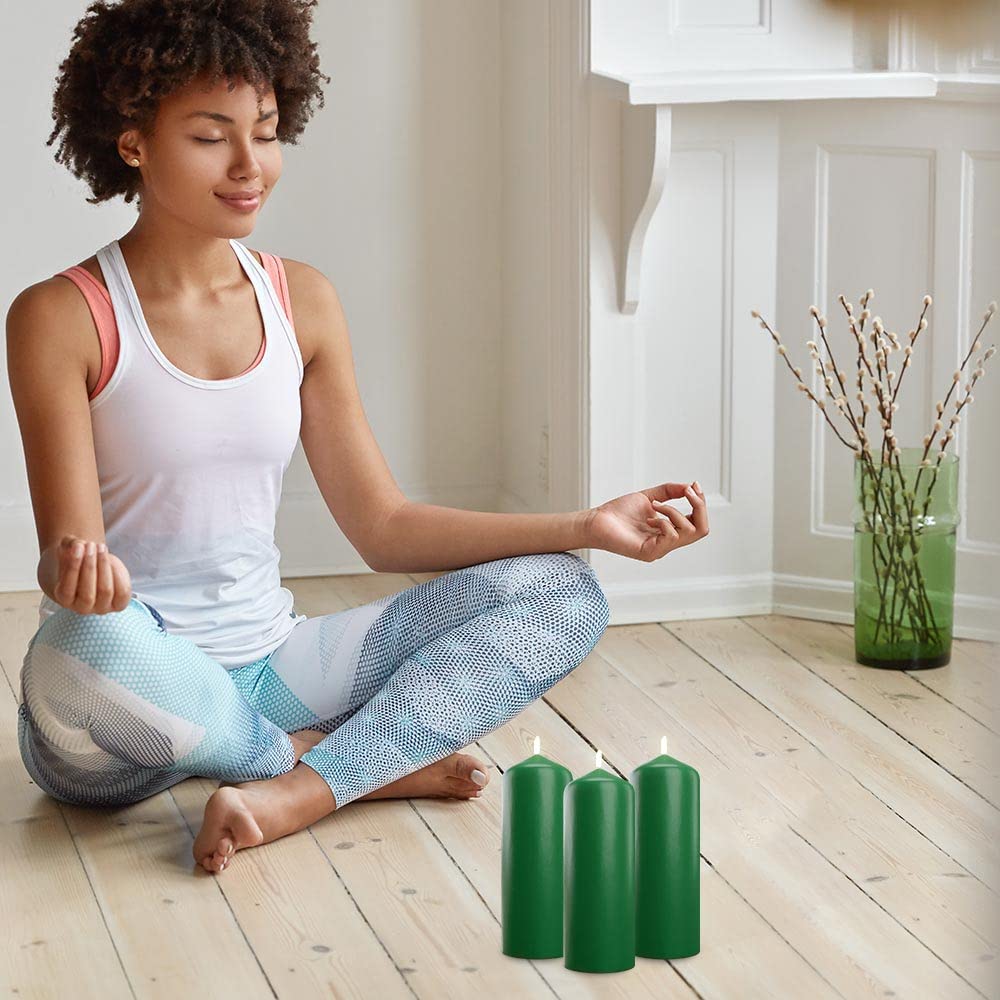 Cone Top Pillar Candles by Bask - Set of 6-3" x 6" Dripless Unscented Holiday Candles in Green for Home Decor, Relaxation & All Occasions