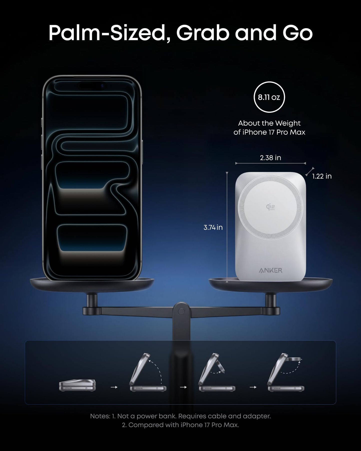 Anker Prime Foldable MagSafe Charger, 25W Qi2.2-Certified Palm-Sized Travel-Ready 3-in-1 Charging Station, AirCool Wireless Charger, for iPhone 17, Apple Watch, AirPods (Non-Battery, with Adapter)