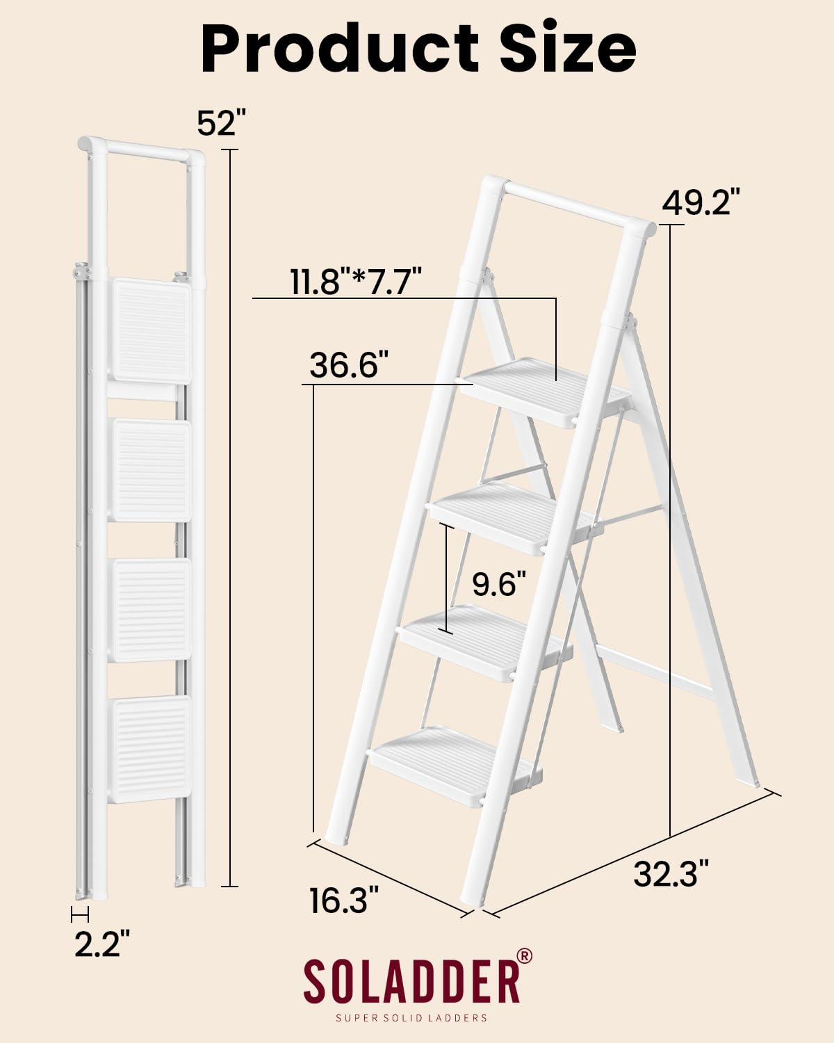 SOLADDER 4 Step Ladder with Handrails, Anti-Slip and Foldable Step Stool with Widen Pedals, Portable Stepladders for Home, Kitchen and Indoor, Space Saving, Iron Material, 300lbs, White