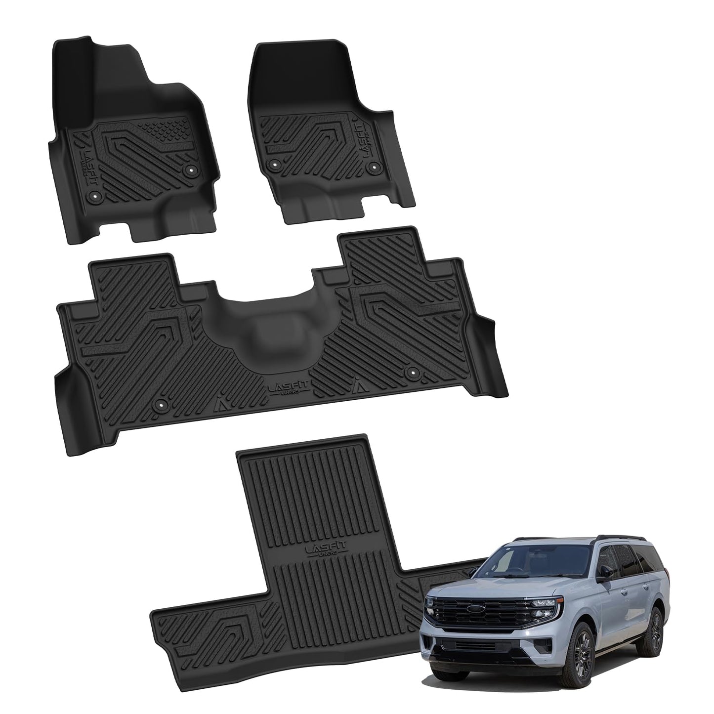 LASFIT Floor Mats for 2025 2026 2027 Ford Expedition 7 Seats Max(Not Fit 8 Seats Standard), All Weather Protector TPE Easy Clean Car Floor Liner, 1st & 2nd & 3rd Row, 4pcs Black