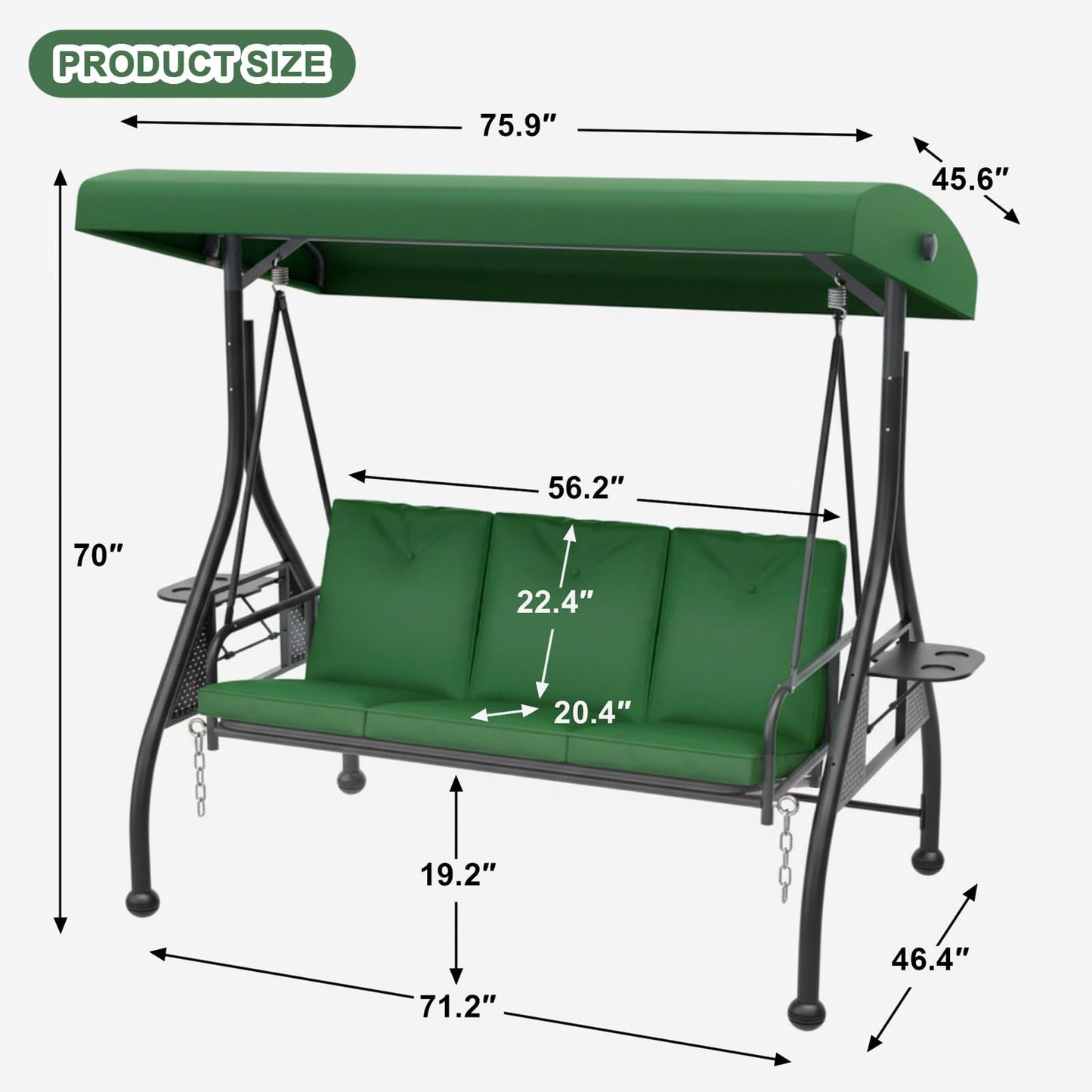 3-Seat Outdoor Porch Swing Glider with Stand, Convertible Patio Swings Bed with Foldable Side Tray & Thicker Cushion for Balcony Garden Deck Poolside - Green