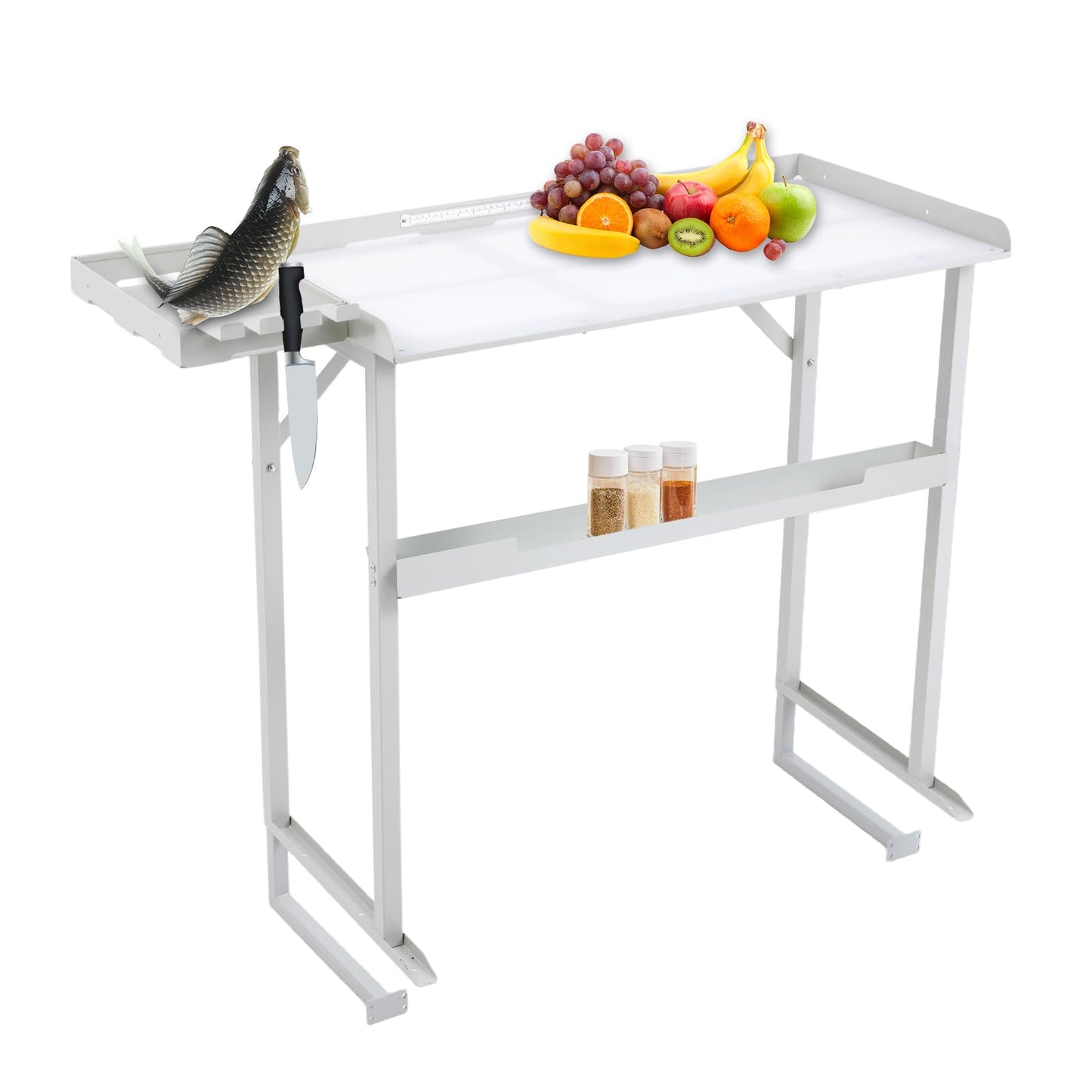 YeeJinHong Heavy-Duty Dock-Mounted Fish Fillet Table, Fish Cleaning Table with HDPE Cutting Board, Measure Mark, Storage Box, Knife Grooves