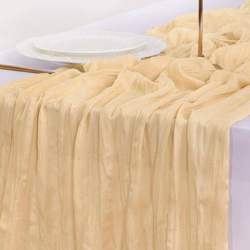 Socomi 6pcs Gold Champagne Cheesecloth Table Runner Summer Boho Rustic Gauze 120 inch 10FT Cheese Cloth Sheer Runner for Wedding Party Baby Shower Birthday Home Decor Holiday Decorations