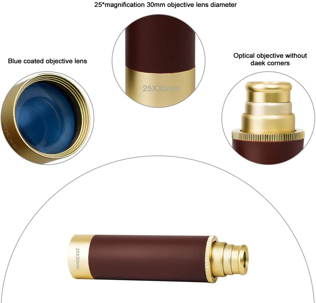 Laupha Retro Pirate Telescope Zoomable 25x30 Pocket Monocular Portable Collapsible BAK-4 Lens Captain Jack's Spyglass Handheld Telescope Vintage Telescope for Kids