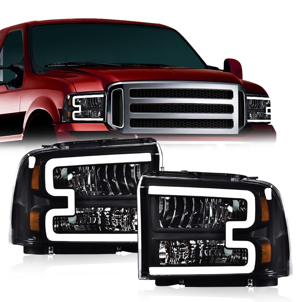 LED DRL Headlights Assembly Front Headlamp Compatible with Ford F250 F350 F450 F550 Super Duty 2005-2007/Ford Excursion 2005,(Not Fit Sealed Beam Headlight model) Clear Lens Black Housing