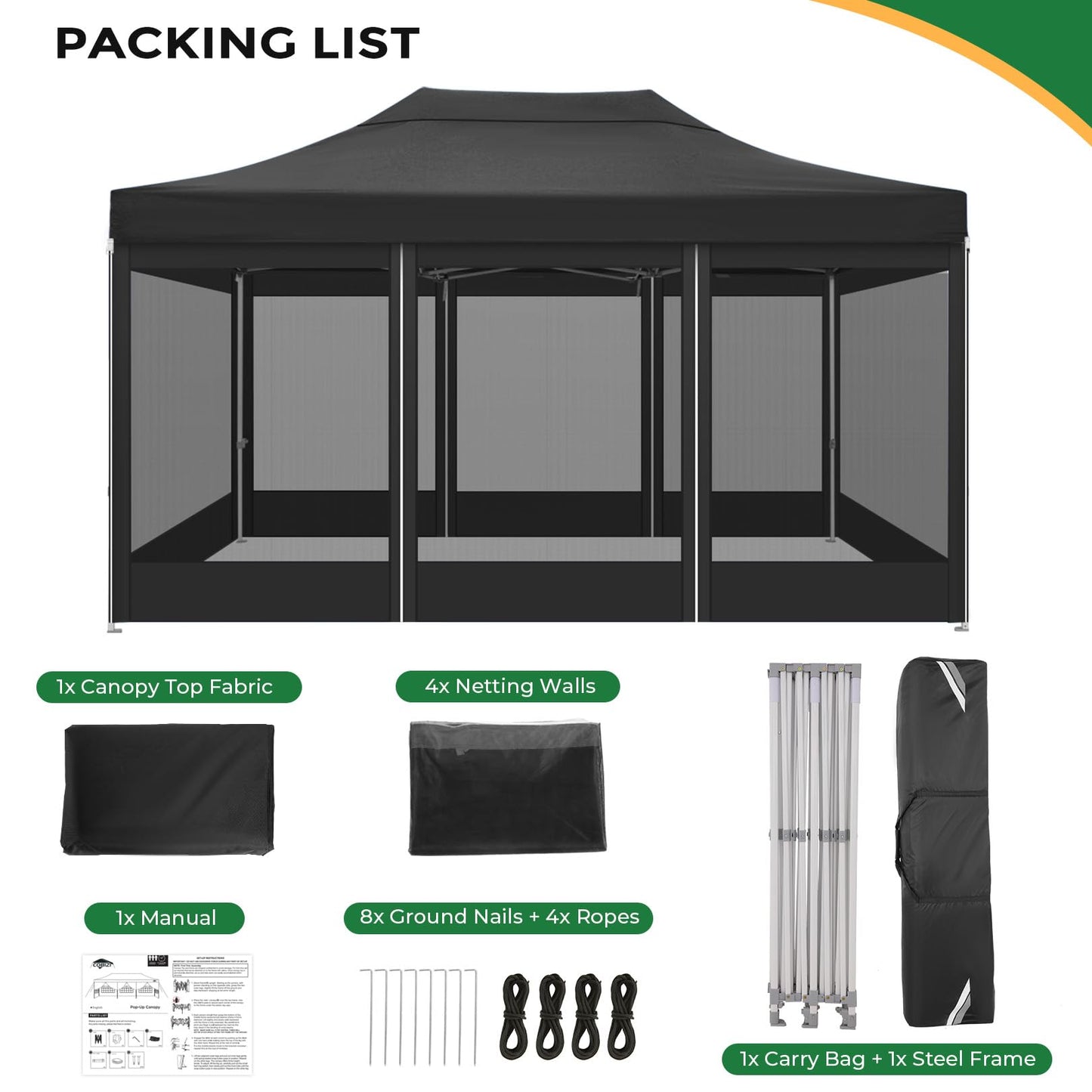 COBIZI 10x15 Heavy Duty Pop Up Canopy with 4 Sidewalls, Commercial Gazebo Party Tent with Mosquito Netting Wall Easy Set Up Outdoor Instant Screen Tent for Backyard, Patio, Garden, Black