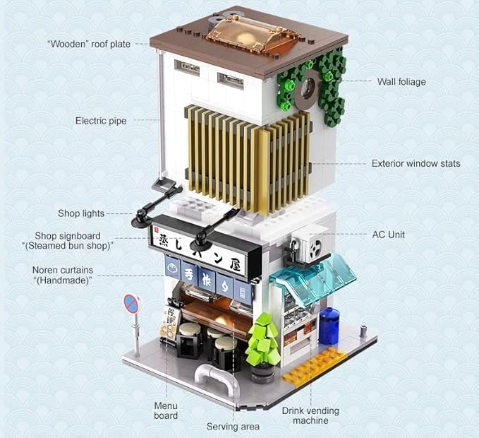 General Jim's Japanese Steamed Bun House Building Set - 1108 Pieces 2-Story Modular Design USB Lighting Outdoor Seating & Display - Compatible with Major Brick Building Brands