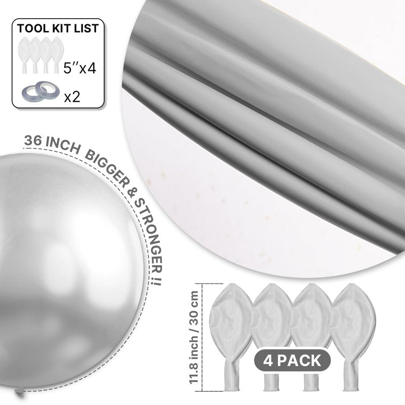 PartyWoo Metallic Silver Balloons 4pcs 36 Inch Large Big Jumbo Giant Silver Chrome Balloons for Graduation Wedding Baby Shower Bachelorette Anniversary Birthday Party Decorations Silver-G102