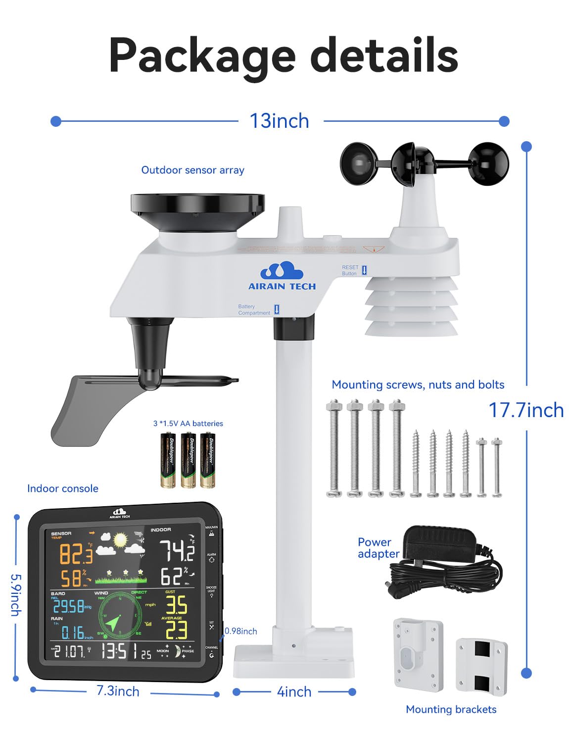 AIRAIN TECH 10-in-1 Wireless Weather Station with Dual Display, Outdoor Sensor, Rain Gauge, Wind Speed,Atomic Clock, Indoor Temp/Humidity, Barometric Pressure,etc (No WiFi)