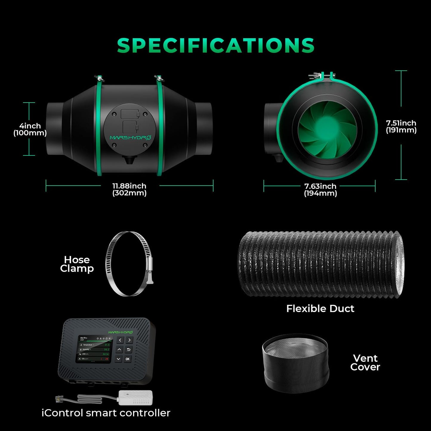 MARS HYDRO 4 Inch Air Filtration Kit, Inline Duct Fan with iControl Temperature & Humidity Controller, App Remote Control, Carbon Filter Combo +25Ft Ducting, Grow Tent Hydroponics Ventilation System