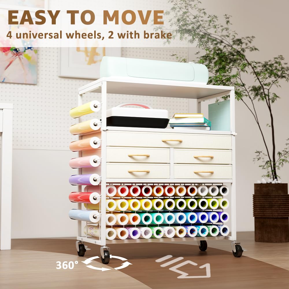 LUCKUP Organization and Storage Craft Table for Cricut Machines, Rolling Cart Cabinet with Extend Tabletop, 51 Vinyl Roll Holders, 5 Drawers & Heat Press Workstation