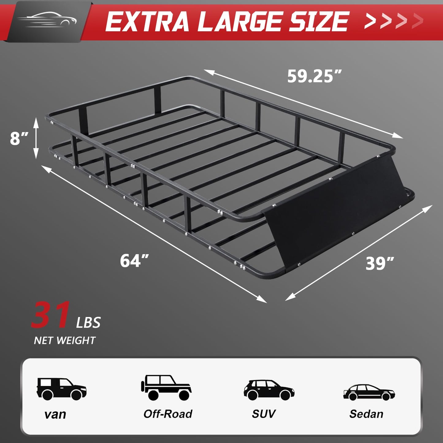 Racketon 64”x39”x8” Roof Cargo Rack for SUV Car Trucks,Heavy Duty Cargo Basket Anti-Rust Top Luggage Rack