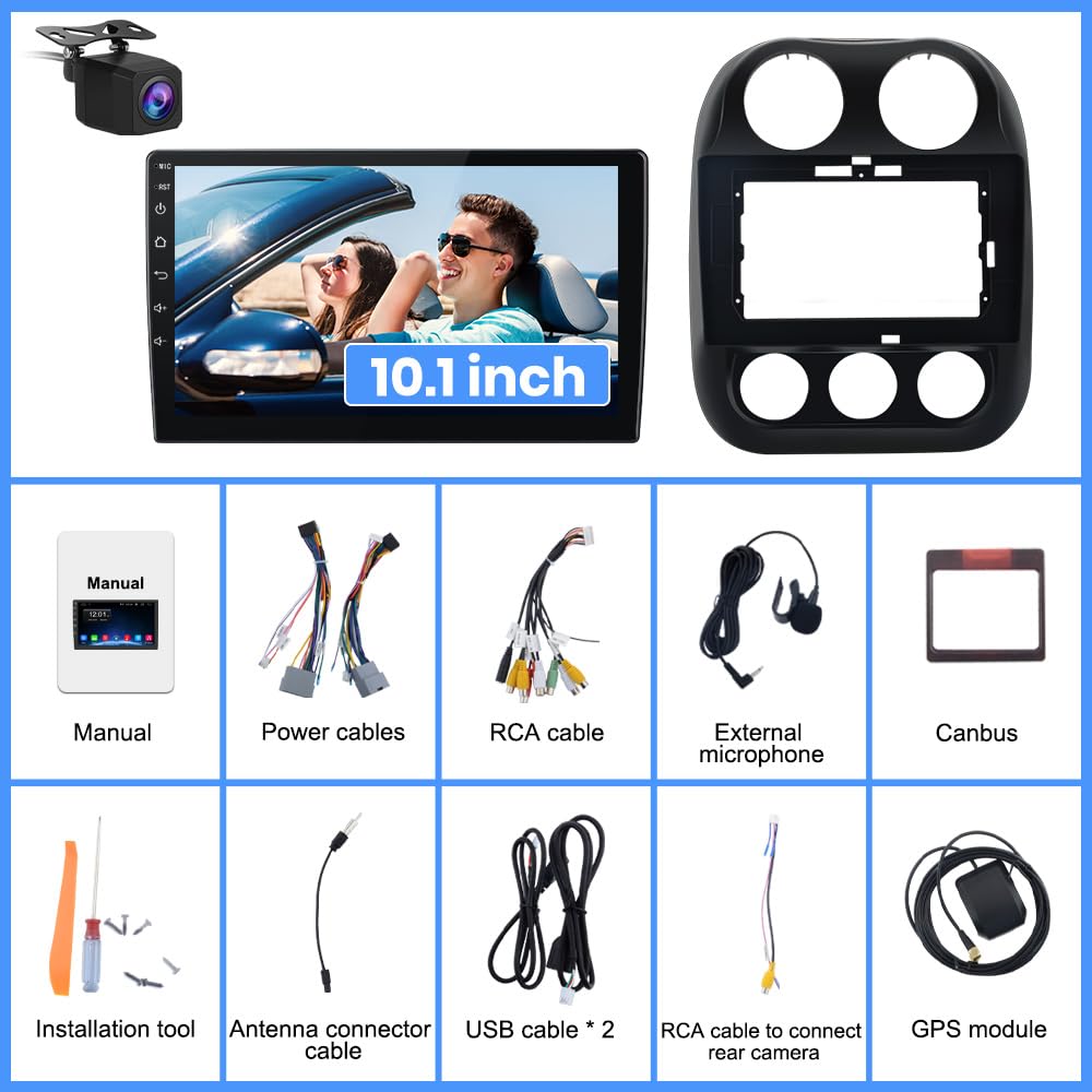Car Radio for Jeep Compass Patriot 2010โ2016, 10.1" Touchscreen Android 13 Stereo Quad-Core | 2GB RAM 64GB ROM | Wireless CarPlay Android Auto | Backup Camera, WiFi, FM AM, Steering Wheel Control