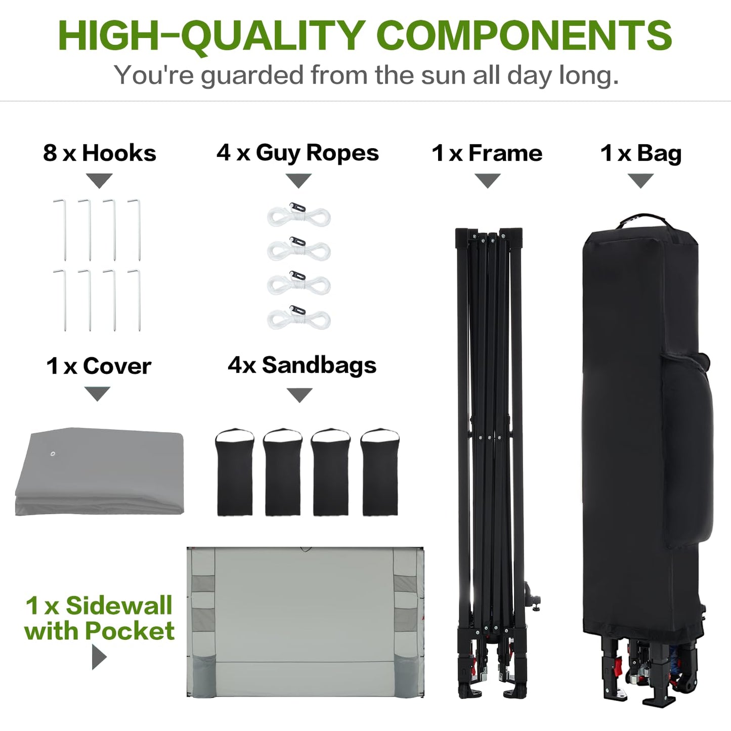 Tunbne 10'x10' Pop Up Canopy Tent with 1 Sidewall and 6 Pockets, One Push Setup, Instant Shade Tent with Vented Roof for Beach Patio Outdoor, Case, 8 Stakes, 4 Ropes, 4 Sandbags (Light Gray, 10x10)