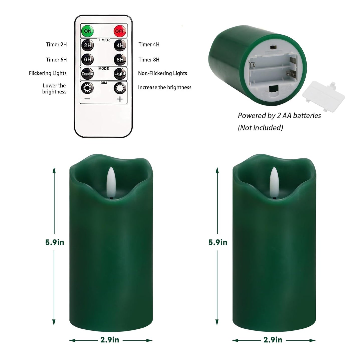 VEEKI Flameless Candles Light, Set of 2 6"x3" Flickering Christmas Flameless Candles with Remote & Timer, Dimmable Real Wax Pillar Candles Battery Operated, Green Candles for Home Xmas Decor (Green)