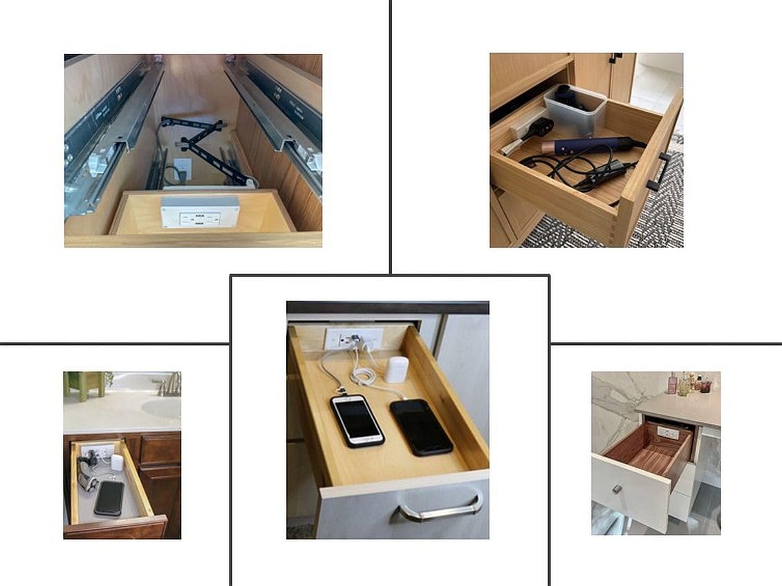 Compact in-Drawer Outlet with Cord Management Arm (2) USB-A Ports (2) 15 Amp Plugs fits Narrow and Shallow Drawers