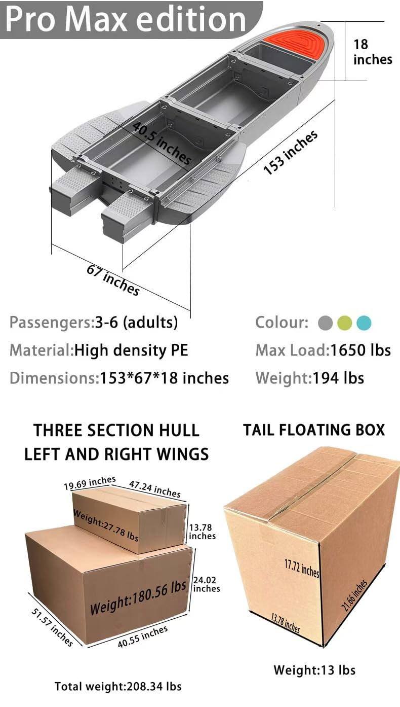 Fishing Boat,Modular Folding Pontoon Boat, Motor-Ready,Up to 1300lbs Buoyancy Suitable for 2-6,Easy Transport,Great for Hunting/Fishing/Rescuing/Touring/Grey
