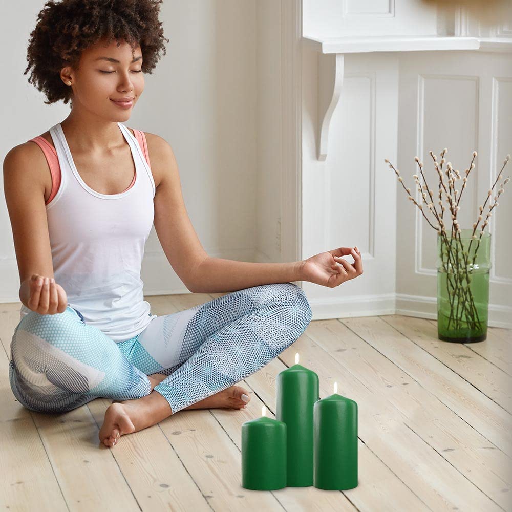 Bask Cone Top Pillar Candles - Elegant Green Candles - Set of 3 Green Pillar Candles - 3"x4", 3"x6", and 3" x8 - Smokeless and Dripless Decorative Candles for Home Decor and Relaxation