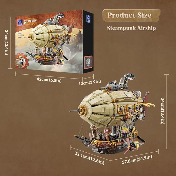 PANTASY Steampunk Airship Model Kit for Adults Dual-Layer Zeppelin with Gear-Driven Mechanical System DIY Building Blocks Set Retro Sci-Fi Construction Toy for Collectors & Display