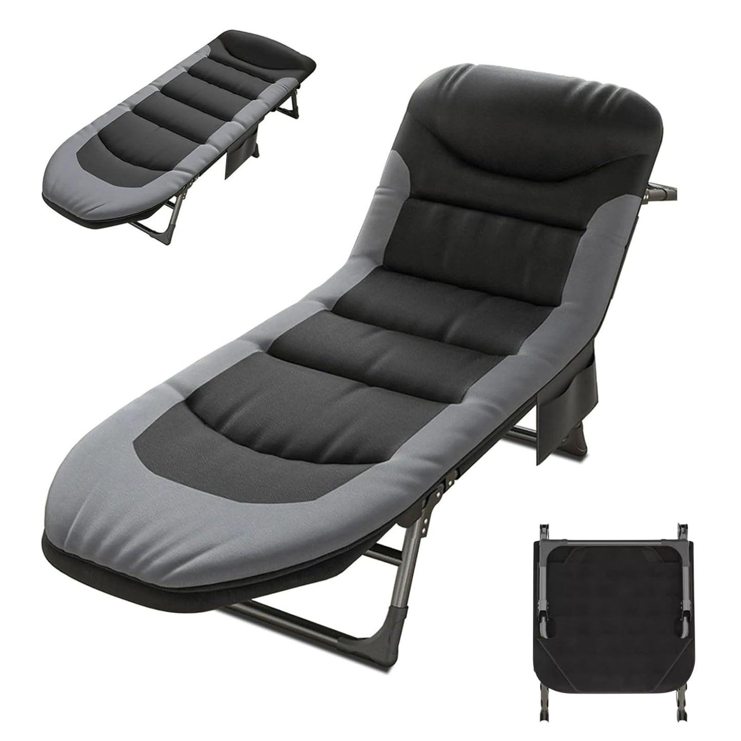 OVLRIJP Folding Lounge Chairs for Outside, Portable Camping Cot, 6-Position Chaise Lounge Chairs with Side Pocket and Mattress, Heavy Duty Chaise Lounges for Outdoor Patio Balcony Beach (Black)