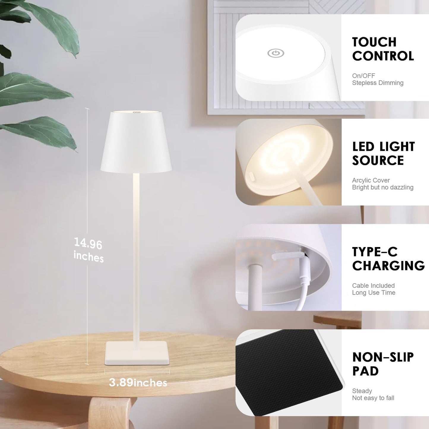 Aoceley 4-Pack Rechargeable Table Lamps, LED Cordless Table Lamp, 3W 6000mAh Battery Operated Table Light, Stepless Dimming Portable Table Light Waterproof for Restaurant/Indoor/Outdoor (White)