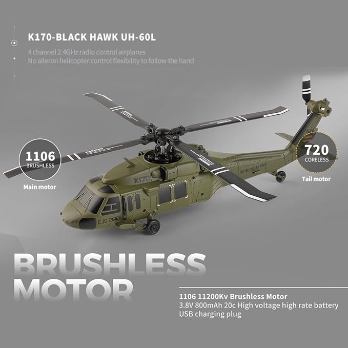 K170 UH60L Remote Controlled Helicopter for Adults RC Aircraft Plane 2.4Ghz 4CH RC Helicopter Heli Aileronless 6-Axis Gyroscope Altitude Hovering (2 Batteries)
