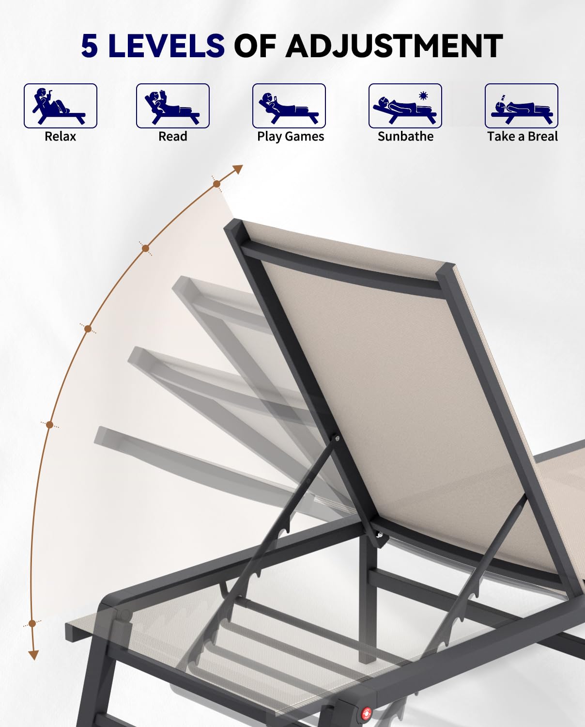 FHVIT Aluminum Chaise Lounge Chair Outdoor, Foldable Patio Lounge Chair Assemble-Free, Pool Lounge Chairs with 5 Adjustable Backrest, Outdoor Lounge Chairs for Outside Poolside Beach Lawn Beige