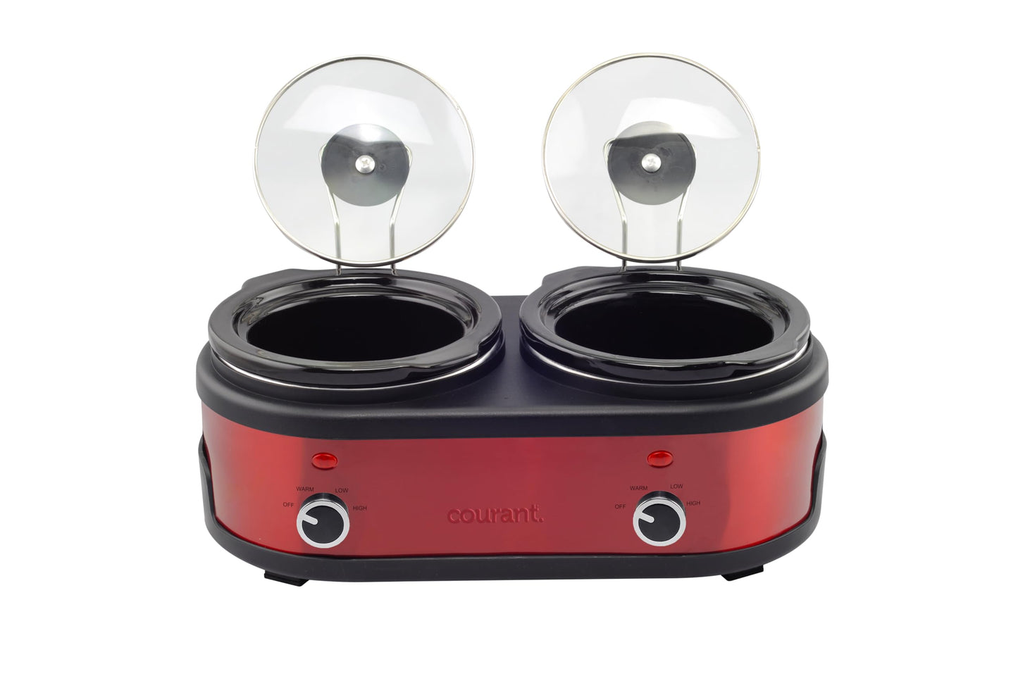 Courant 3.2-Quart Double Slow Cooker (1.6-Qt each) w/Warm Settings, Stainproof Stoneware Pots and Glass Lids – Red Stainless Steel