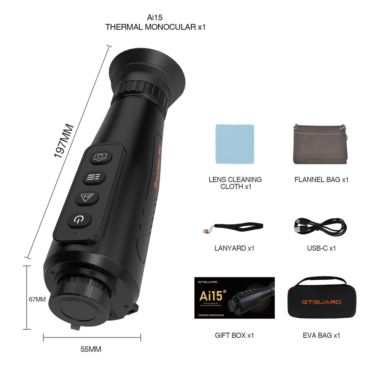 GTGUARD AI15 Thermal Monocular 384x288 (50Hz) HD Night Vision with 15mm Focal Lens, 8X Zoom, Wi-Fi Hotspot Multiple Scene Modes for Hunting Travel Outdoor Camping