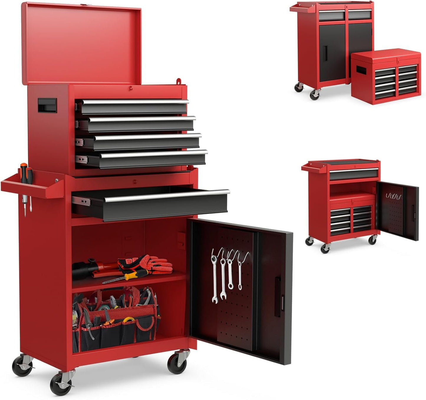 Heavy Duty 8 Drawer Tool Chest, Rolling Tool Box Cabinet on Wheels, 2-in-1 Detachable Metal Tool Storage Organizer for Garage and Workshop, Locking Steel Tool Cart with Portable Top Tool Box,Red&Black