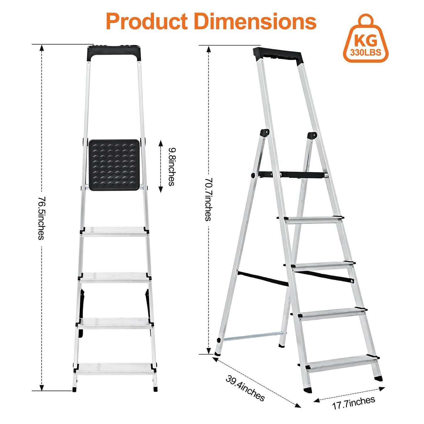 Sweetcrispy 5 Step Ladder, 330lbs Folding Step Stool with Anti-Slip Wide Pedal,Tool Tray, Aluminum Stool Ladders, Safety Household Ladder for Home Kitchen Courtyard Outdoor