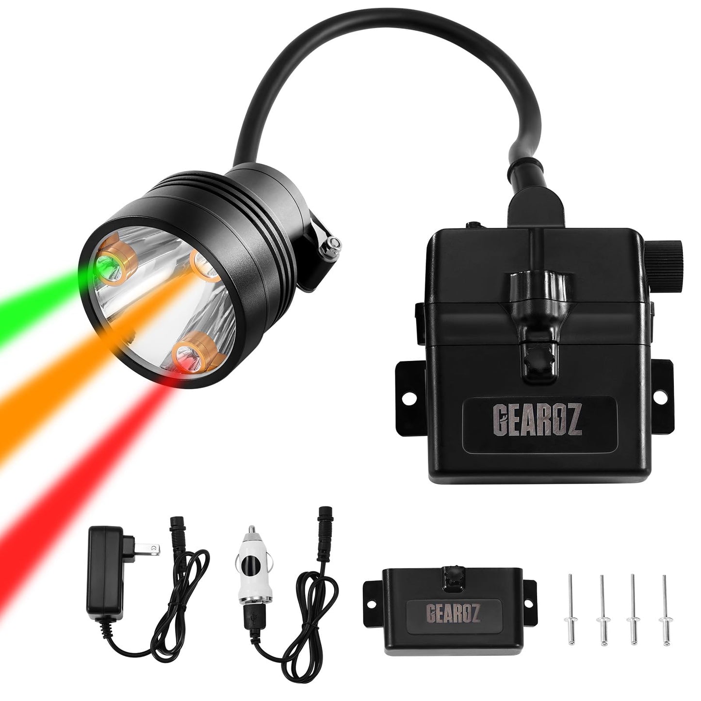 GearOZ 10W Coon Hunting Lights, 45000LUX Hunting Headlamp for Coyotes Hog Predators, Rechargeable & Waterproof, 6 Lighting Modes, 4 Powerful LEDs (White Red Green Amber) for Night Working