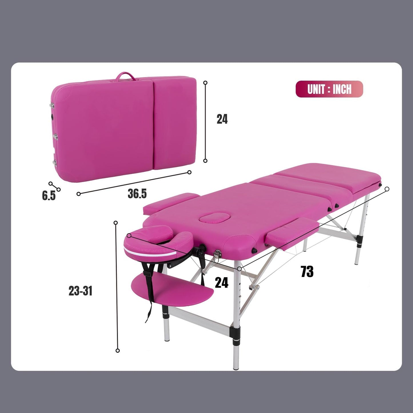 BestMassage Aluminium Massage Bed Portable Massage Table 24 inch Wide Lash Bed Height Adjustable 3 Folding with Non-Woven Bag for Spa Footmassage Facial CareSpa Tattoo