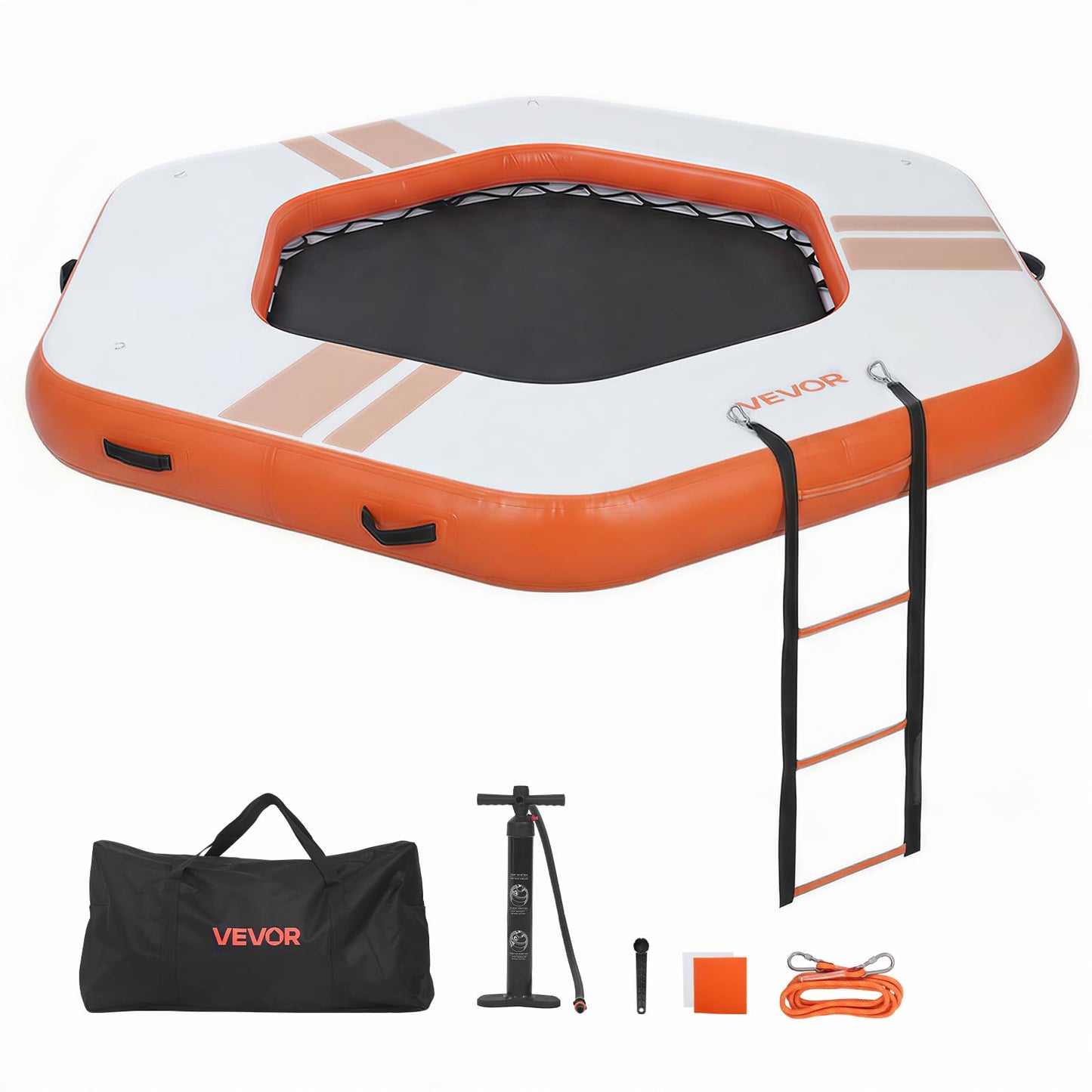 VEVOR Inflatable Floating Dock, 8.5x8.5 FT Inflatable Dock Platform, Non-Slip Water Mat with Portable Carrying Bag & Detachable Ladder, Floating Water Platform Island Raft for Pool Beach Ocean, Orange