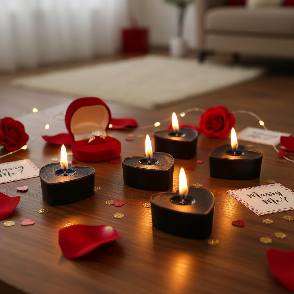 Tea Lights Black Heart Tea Candles Set of 24 – Tealight Candles with Sandalwood Scent, Long Burning Handmade Tealights for Wedding Meditation Home Decor Gift