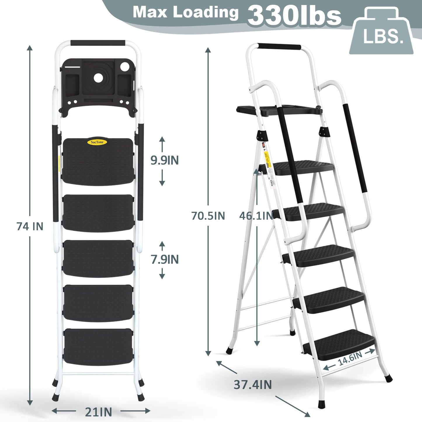SocTone 5 Step Ladder with Handrails, Folding Step Stool with Tool Platform, Sturdy& Portable Steel Ladder for Adults, 330LBS Capacity Ladder for Home Kitchen Library Office, White