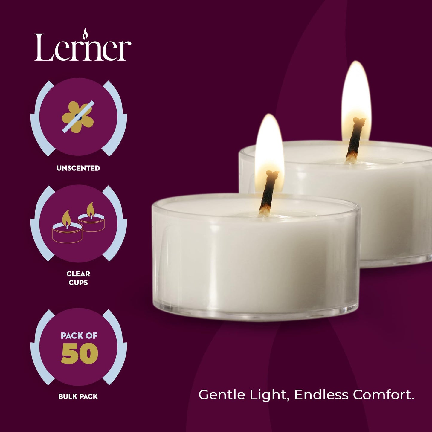 Lerner Clear Tea Lights Candles Bulk - Long Burning 8 Hour Clear Cup Tealight 50 Pack - Consistent Smkless Clean Burning - Holiday, Wedding, Spa, Emergency and Home Decoration Candles