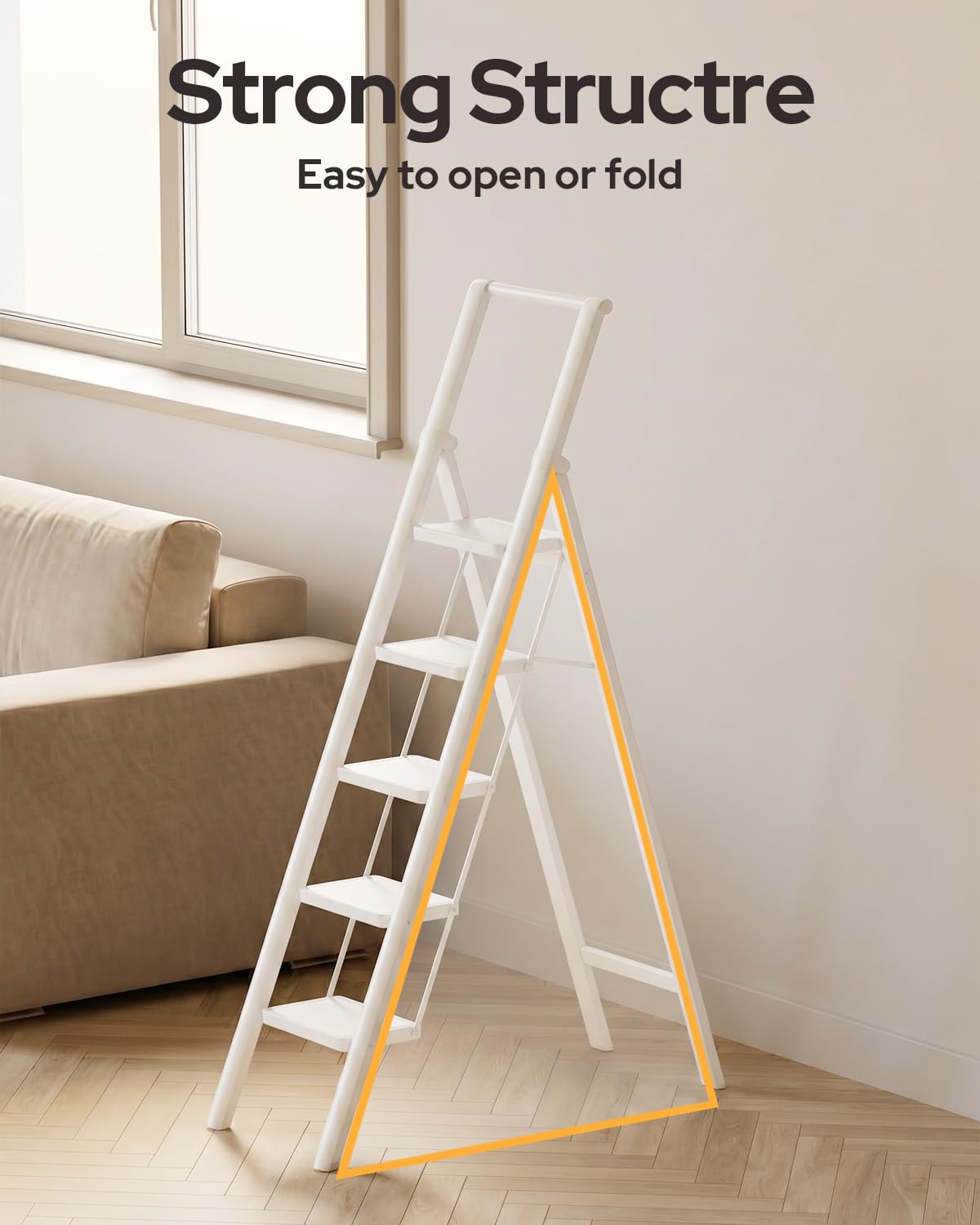 GameGem 5 Step Ladder for 10 Feet High Ceiling, Folding Step Stool Stepladders with Anti-Slip and Wide Pedal for Home and Kitchen Use Space Saving (White)