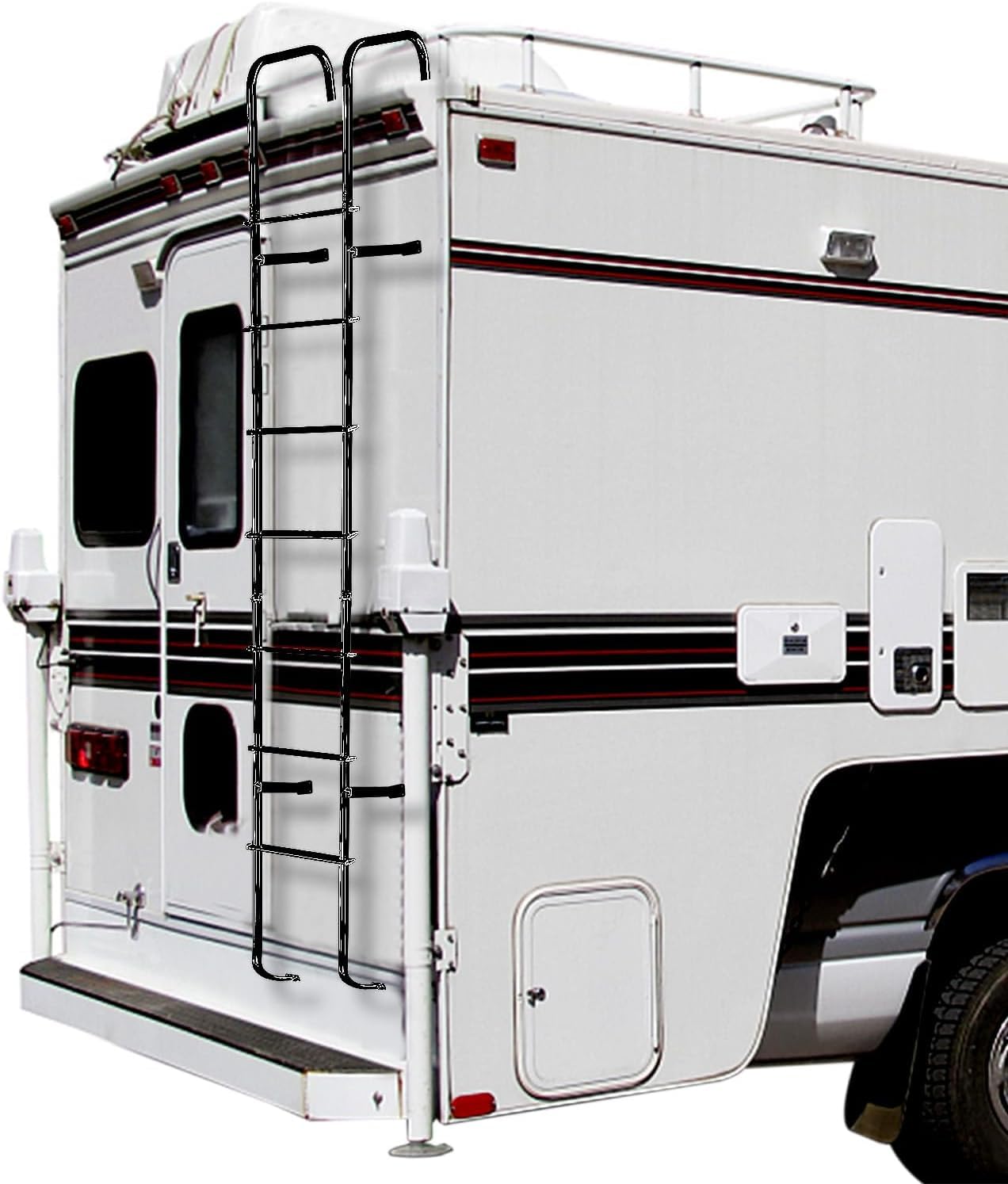 OUTPRIZE Universal Exterior RV Ladder, 7.6FT-8.4FT Aluminum Travel Trailer Ladder, 250lbs Capacity, Black
