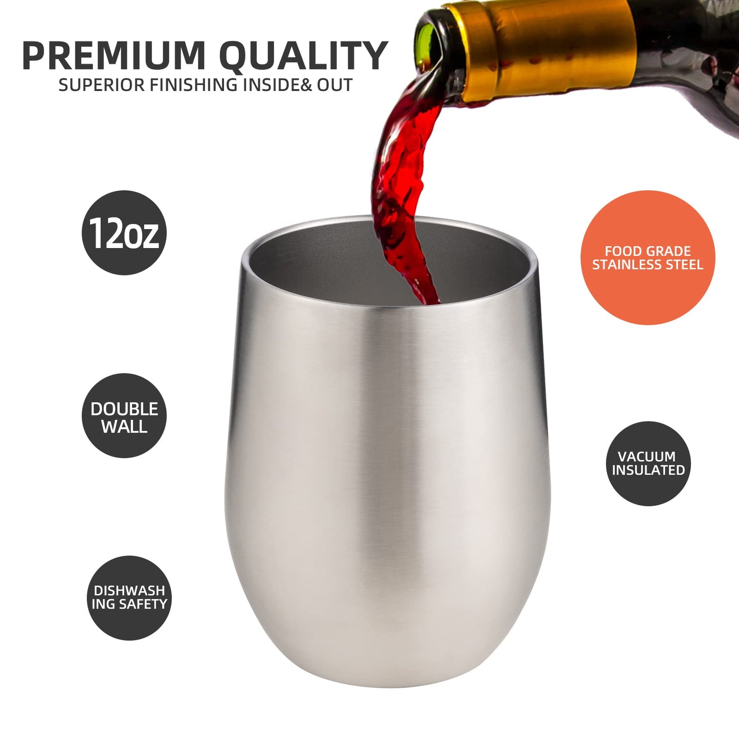 FristChoice 12 oz Insulated Wine Tumbler with Lid and Straw,Stainless Steel Stemless Wine Tumbler Glasses Double Wall Vacuum Wine Cups Tumbler for Coffee,Champaign,Cocktail,Office(Silver,1)