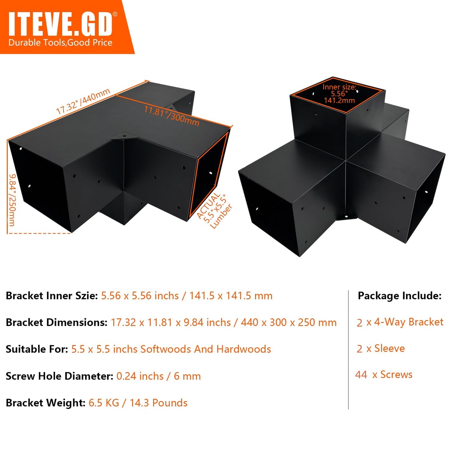 ITEVE.GD 2Pack Pergola DIY Bracket Kits 6x6,4-Way Right Angle Corner Post Brackets for 6"x6"(Actual:5.5"x5.5") Wood Beams,Heavy Duty Metal Brackets for Outdoor Pavilion,Proch,Log Cabin