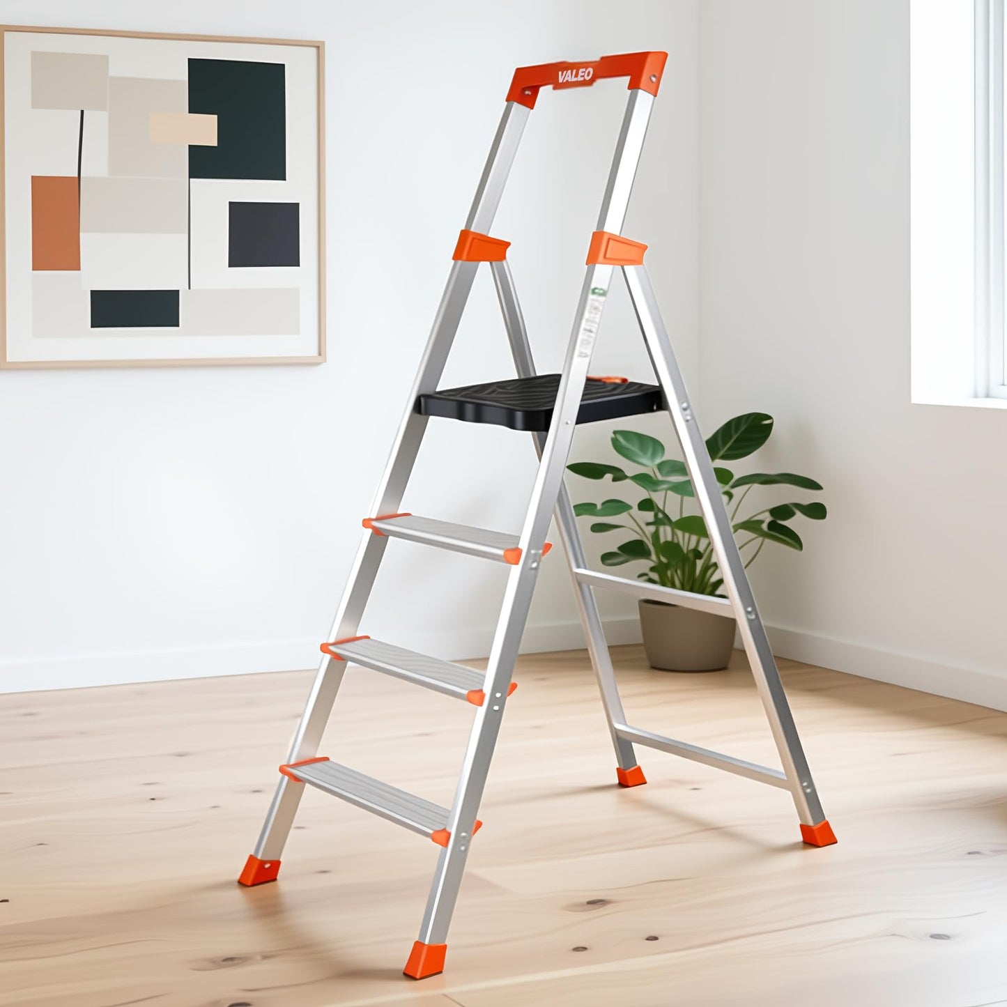 Valeo 4 Step Ladder with XL Platform, 4 Step Aluminum Lightweight Folding Ladder, 330 lbs Weight Rating,Folding Step Stool with Large Anti-Slip Feet,No Assembly Required