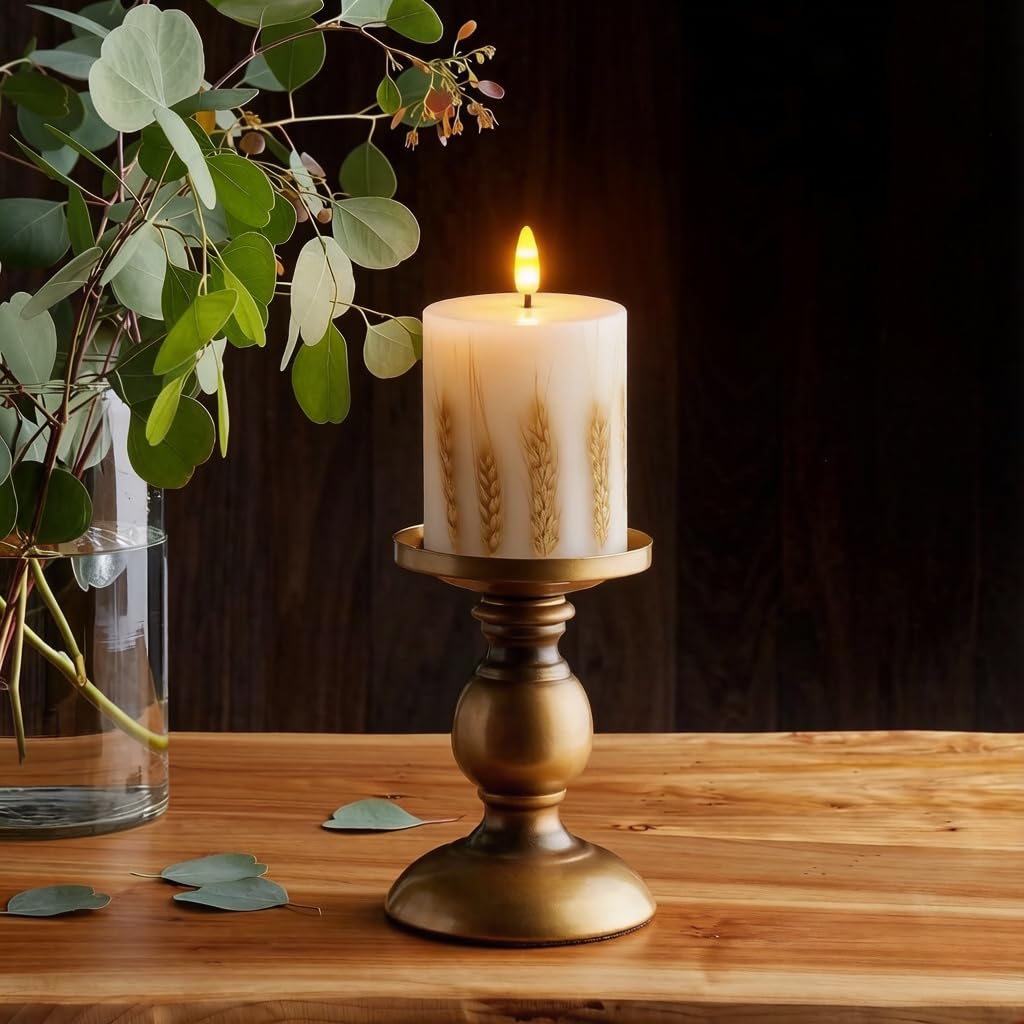 Remineux Flameless LED Candle with Embedded Natural Wheat, Battery-Operated Real Wax Pillar Candle, Flickering Flame Effect, Remote Control, Rustic Farmhouse Decor, Unscented, White (3.25 * 6in)