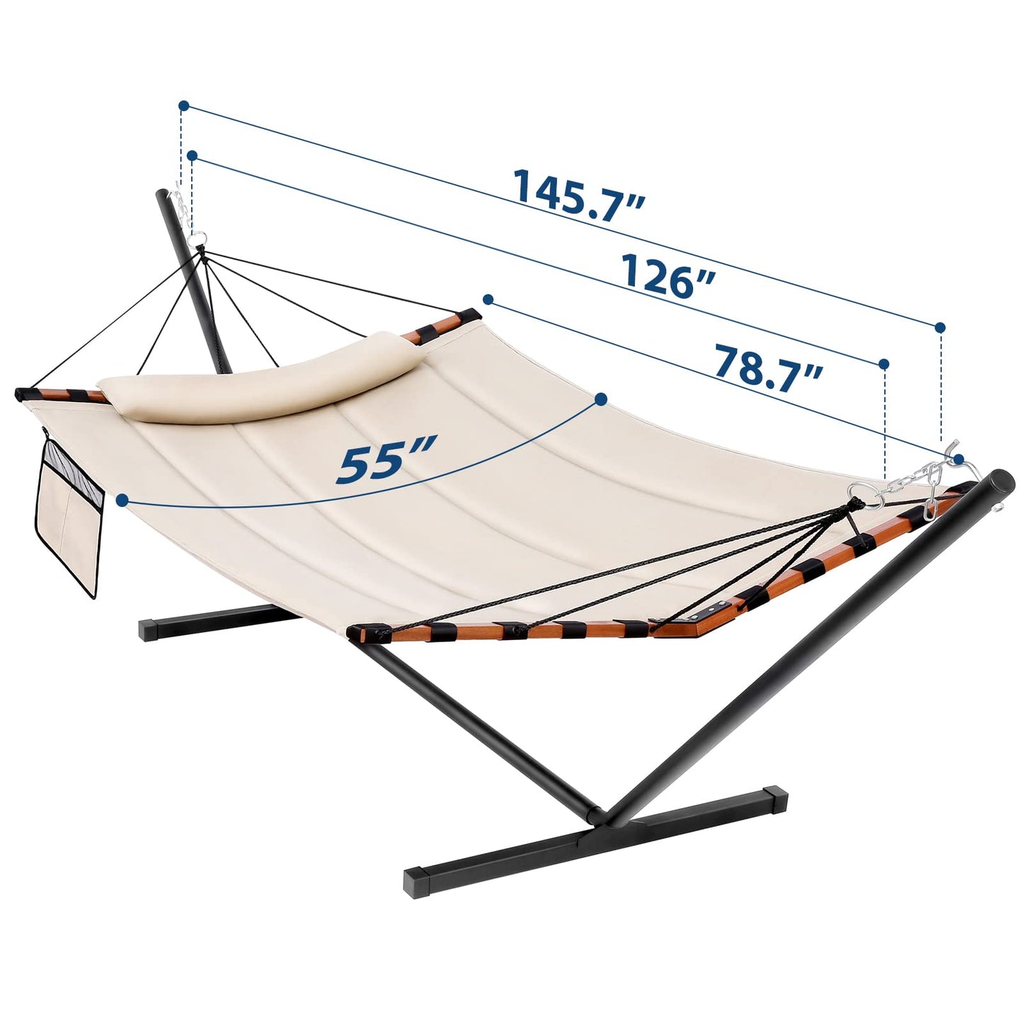 TegerDeger 12FT 2 Person Hammock with Stand Included 55 x 79IN Large Hammock 450LB Capacity with Hardwood Spreader Bar & Nylon Rope for Outside, Patio, Garden, Backyard, Beach, Poolside - Beige