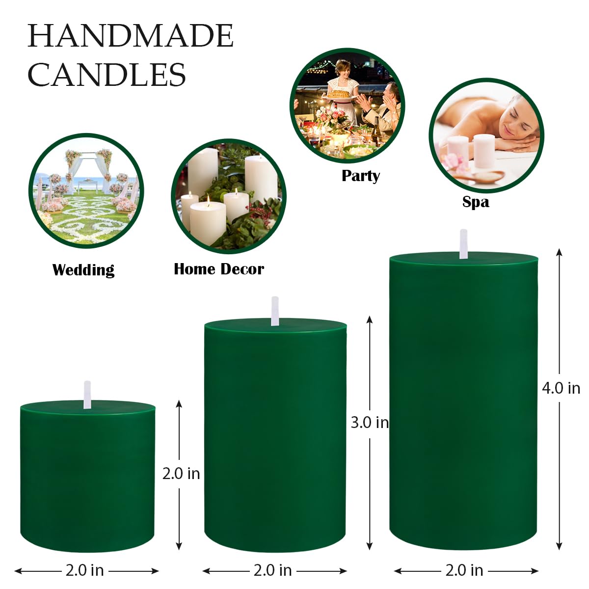 Green Unscented Pillar Candles 3-Pack – Dripless & Smokeless, Long-Burning Thick Candles (2",3",4" Heights) for Weddings, Home Decor & Serene Ambiance