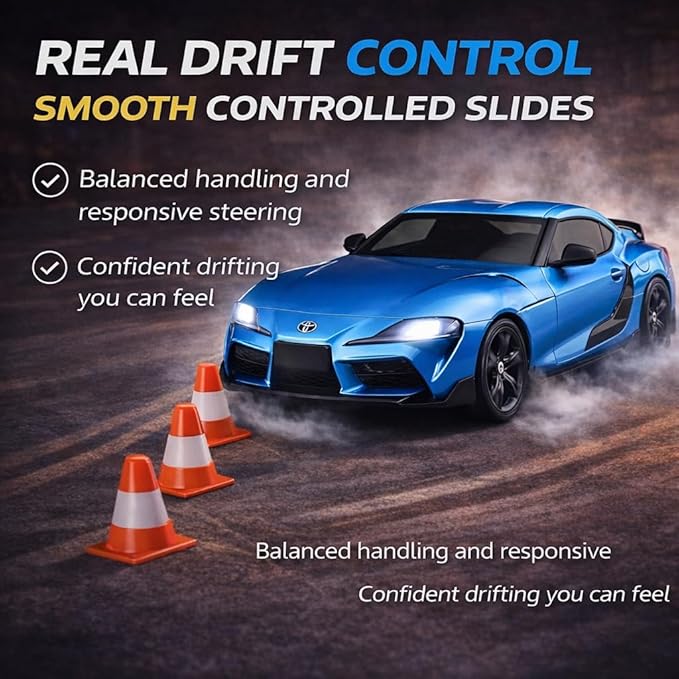 IntelLock 1:24 RTR RC Drift Car with Scratch-Free Drift Tires 4WD High-Speed JDM 2 Rechargeable Batteries LED Lights 2.4GHz Remote Control Car for Kids & Adults Indoor/Outdoor (Blue 2)
